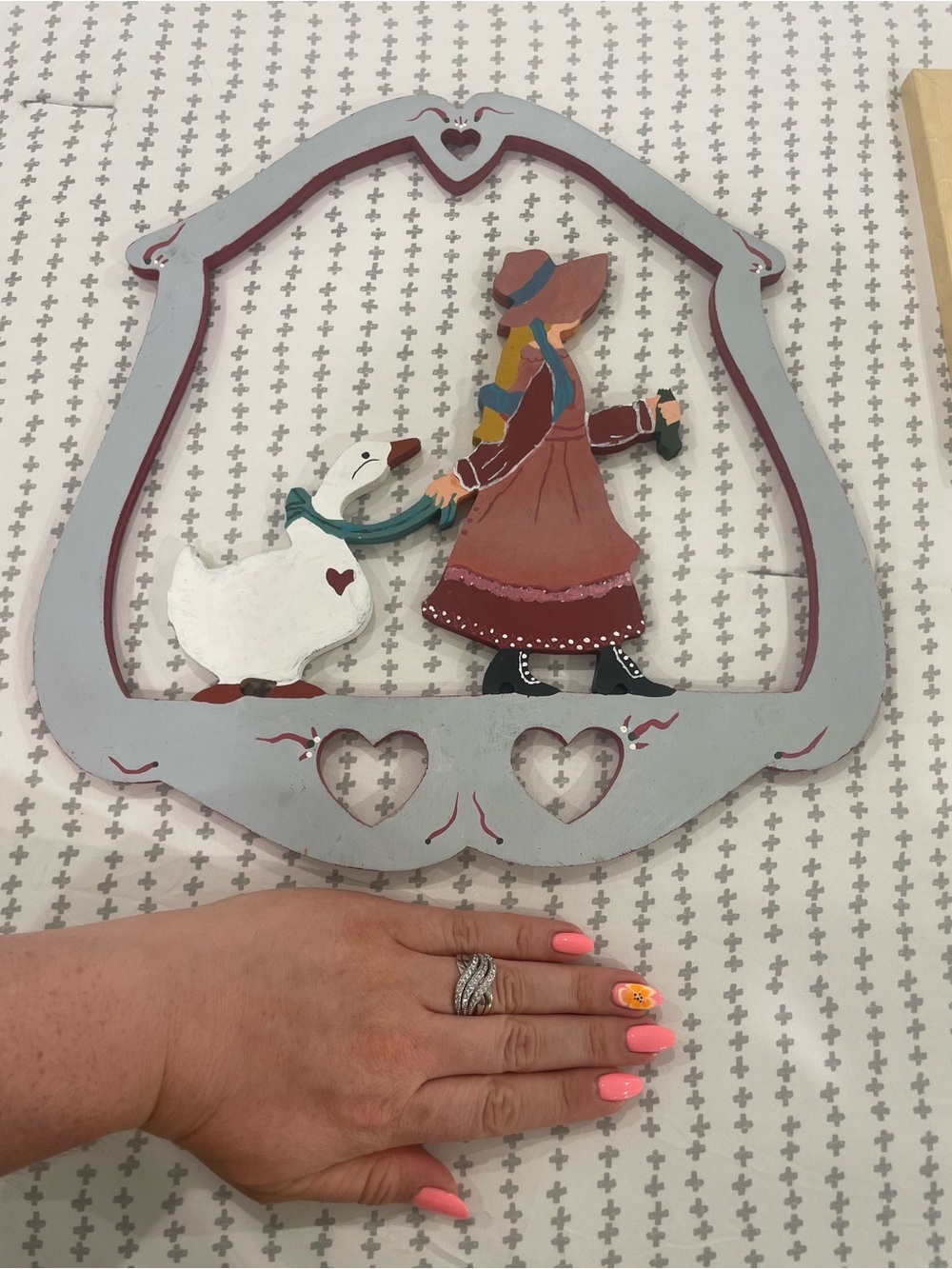 Hand-Painted Girl and Goose Wooden Wall Decor - Gray and White